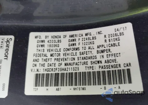 2017 Honda Accord Lx из США, поврежденный, VIN 1HGCR2F35HA211525